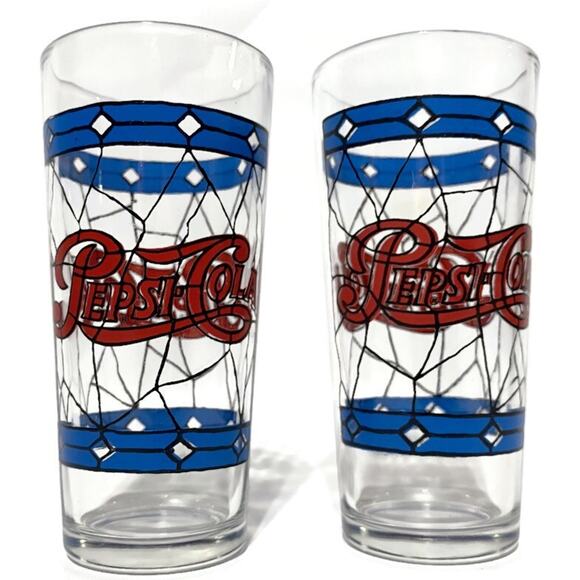 VTG Pepsi Cola Drinking Glasses Tiffany Style 1970s Stained Glass 12oz Lot of 2 - Picture 2 of 6